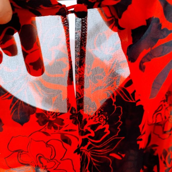 Women's Express Red and Black XS Sheer Top with Ruffled Sleeves with Belt Loops - Picture 6 of 7